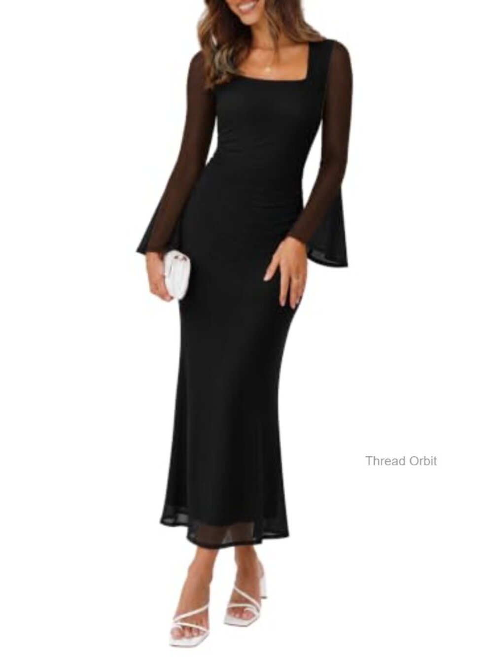Bodycon Maxi Dress Square Neck Long Sleeve Sheer Mesh Formal Wedding Guest